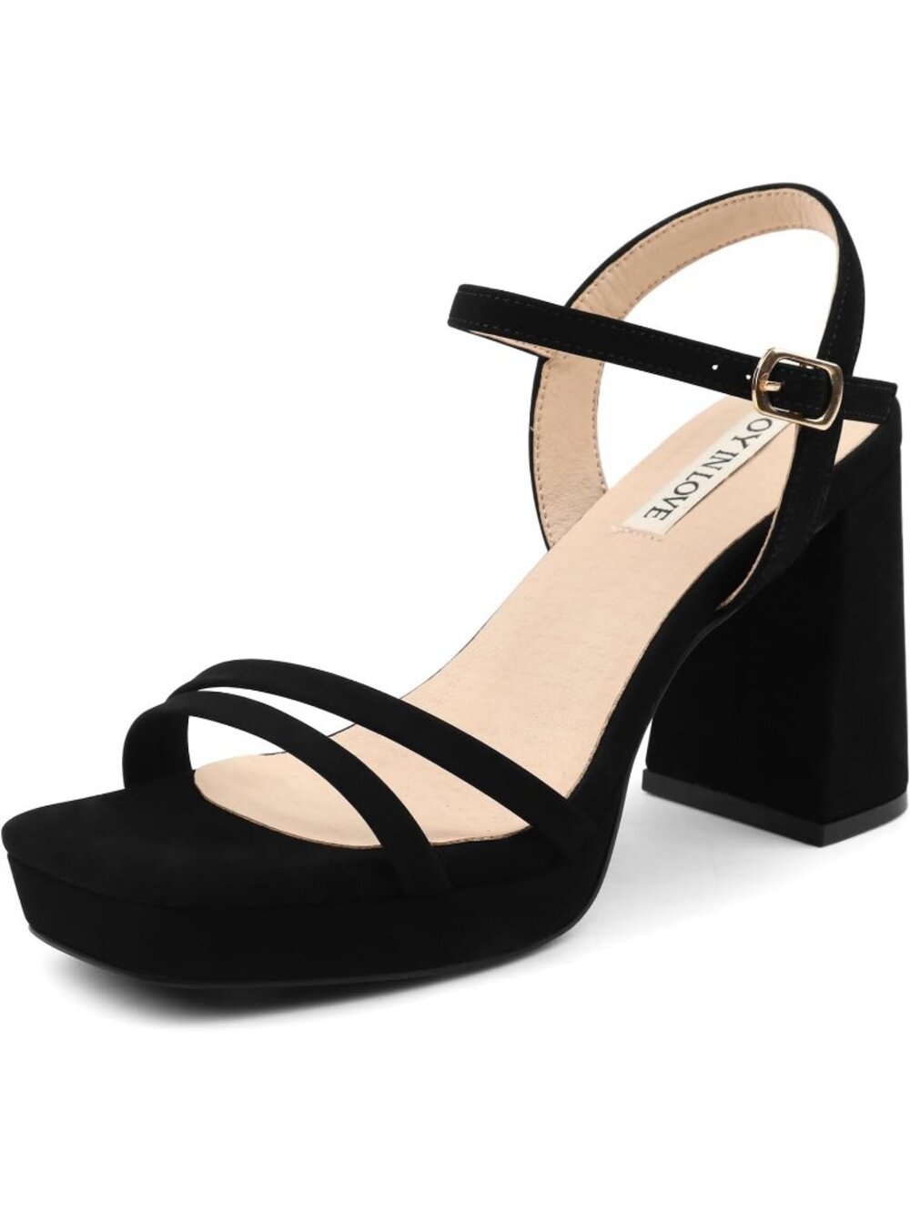 Women's Black Matte Ankle Strap Square Open Toe Chunky Block Heel Dress Sandals